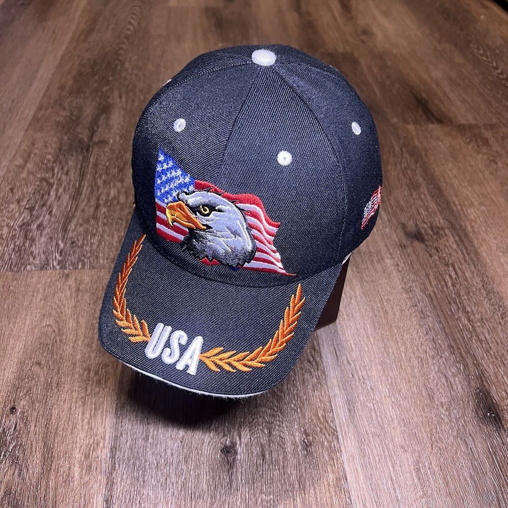 Vintage 90s USA‎ Eagle Hat Black Adjustable Strap Biker Embroidered USA Flames